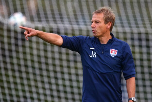 Jun 28, 2014; Sao Paulo, BRAZIL; USA head coach Jurgen Klinsmann reacts during team training at Sao Paulo FC. Mandatory Credit: Mark J. Rebilas-USA TODAY Sports