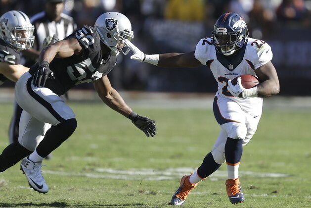 Denver Broncos running back C.J. Anderson (22) runs past Oakland Raiders outside linebacker Khalil Mack (52) to score on a 51-yard touchdown reception during the second quarter of an NFL football game in Oakland, Calif., Sunday, Nov. 9, 2014. (AP Photo/Ben Margot)