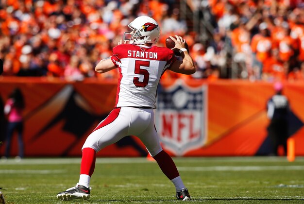 Oct 5, 2014; Denver, CO, USA;Arizona Cardinals quarterback Drew Stanton (5) during the game against the Denver Broncos at Sports Authority Field at Mile High. Mandatory Credit: Chris Humphreys-USA TODAY Sports