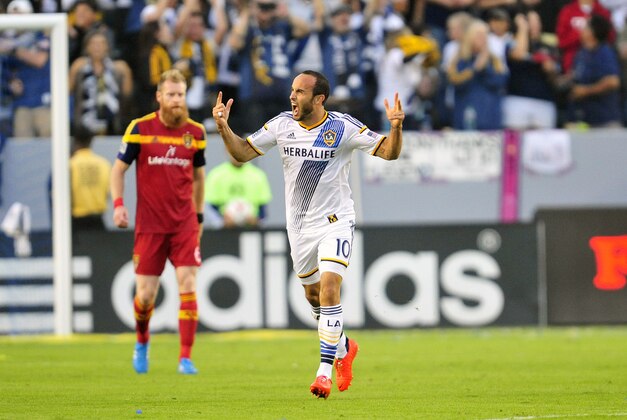 November 9, 2014; Carson, CA, USA; Los Angeles Galaxy forward Landon Donovan (10) celebrates his goal scored against Real Salt Lake during the first half at StubHub Center. Mandatory Credit: Gary A. Vasquez-USA TODAY Sports