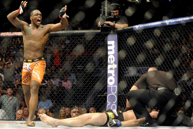 Ovince St. Preux celebrates his submission win over Nikita Krylov during a UFC 171 mixed martial arts light heavyweight bout, Saturday, March 15, 2014, in Dallas. (AP Photo/Matt Strasen)