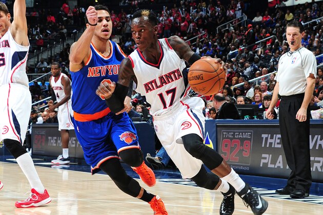 ATLANTA, GA - NOVEMBER 8: Dennis Schroder #17 of the Atlanta Hawks drives against the New York Knicks on November 8, 2014 at Philips Arena in Atlanta, Georgia.  NOTE TO USER: User expressly acknowledges and agrees that, by downloading and/or using this Photograph, user is consenting to the terms and conditions of the Getty Images License Agreement. Mandatory Copyright Notice: Copyright 2014 NBAE (Photo by Scott Cunningham/NBAE via Getty Images)