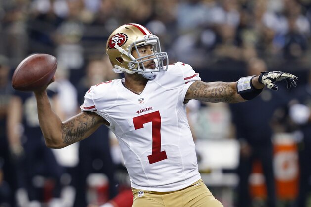 San Francisco 49ers quarterback Colin Kaepernick (7) passes in the first half of an NFL football game against the New Orleans Saints in New Orleans, Sunday, Nov. 9, 2014. (AP Photo/Jonathan Bachman)