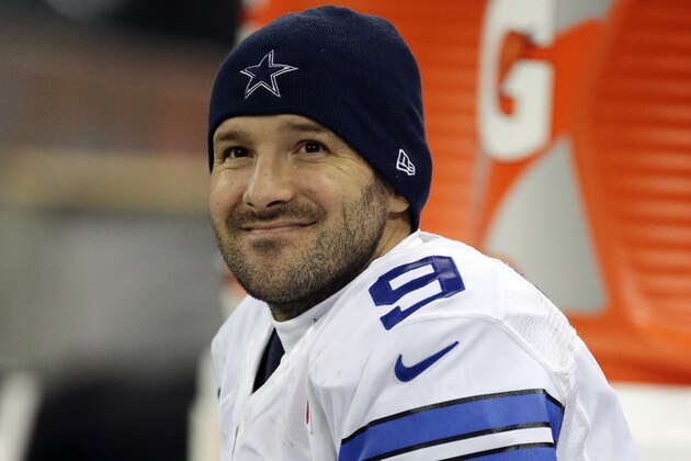 Dallas Cowboys quarterback Tony Romo acknowledges spectators after their 31-17 victory over the Jacksonville Jaguars during the NFL football game at Wembley Stadium, London, Sunday, Nov. 9, 2014.  (AP Photo/Tim Ireland)