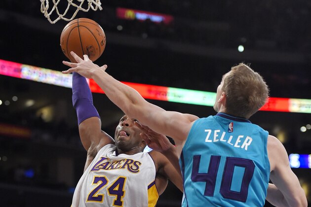 Los Angeles Lakers guard Kobe Bryant shoots as Charlotte Hornets center Cody Zeller defends during the first half of an NBA basketball game, Sunday, Nov. 9, 2014, in Los Angeles. (AP Photo/Mark J. Terrill)