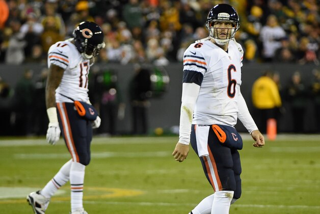 Nov 9, 2014; Green Bay, WI, USA; Chicago Bears quarterback Jay Cutler (6) reacts in the second quarter during the game against the Green Bay Packers at Lambeau Field. Mandatory Credit: Benny Sieu-USA TODAY Sports