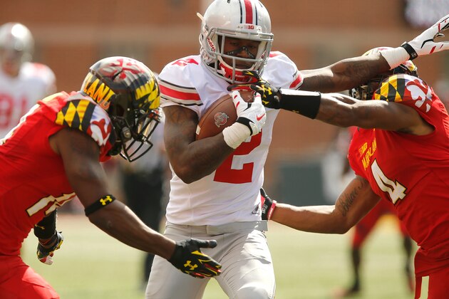 COLLEGE PARK, MD - OCTOBER 04:  Dontre Wilson #2 (C) of the Ohio State Buckeyes stiff-arms cornerback William Likely #4 (R) of the Maryland Terrapins during the first half of Ohio State's 52-24 win at Byrd Stadium on October 4, 2014 in College Park, Maryland.  (Photo by Jonathan Ernst/Getty Images)