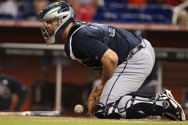MIAMI, FL - SEPTEMBER 05: Catcher Evan Gattis #24 of the Atlanta Braves stops the ball after a run scores against the Miami Marlins at Marlins Park on September 5, 2014 in Miami, Florida. The Marlins defeated the Braves 11-3. (Photo by Marc Serota/Getty Images)