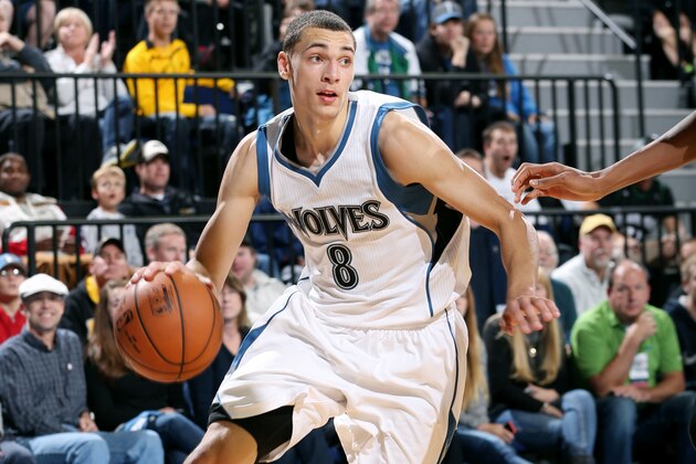 MINNEAPOLIS, MN - OCTOBER 17: Zach LaVine #8 of the Minnesota Timberwolves drives against the Milwaukee Bucks on October 17, 2014 at U.S. Cellular Center in Cedar Rapids, Iowa. NOTE TO USER: User expressly acknowledges and agrees that, by downloading and or using this Photograph, user is consenting to the terms and conditions of the Getty Images License Agreement. Mandatory Copyright Notice: Copyright 2014 NBAE (Photo by David Sherman/NBAE via Getty Images)