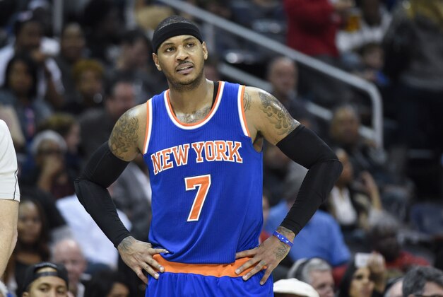 Nov 8, 2014; Atlanta, GA, USA; New York Knicks forward Carmelo Anthony (7) reacts after being called for a foul against the Atlanta Hawks during the second half at Philips Arena. The Hawks defeated the Knicks 103-96. Mandatory Credit: Dale Zanine-USA TODAY Sports