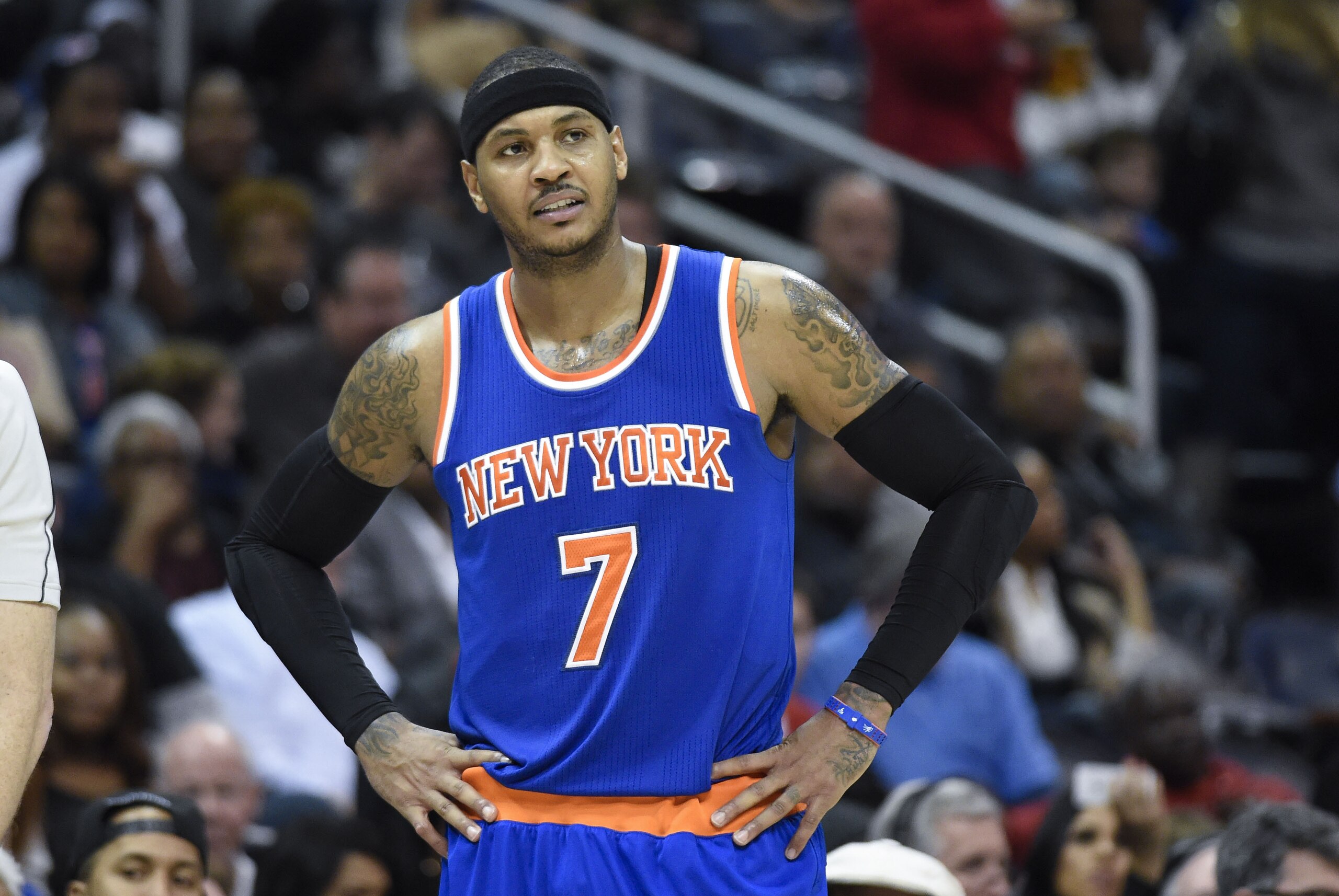 Nov 8, 2014; Atlanta, GA, USA; New York Knicks forward Carmelo Anthony (7) reacts after being called for a foul against the Atlanta Hawks during the second half at Philips Arena. The Hawks defeated the Knicks 103-96. Mandatory Credit: Dale Zanine-USA TODAY Sports