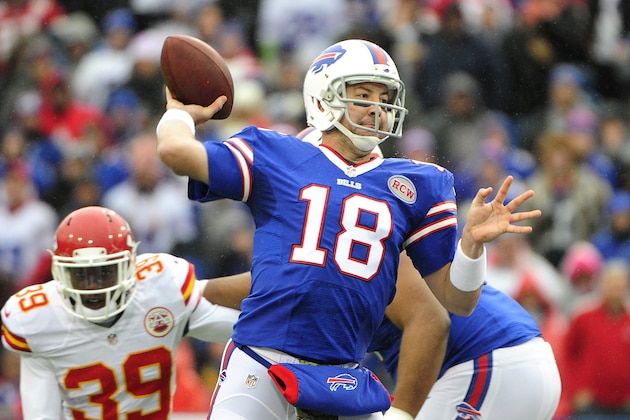 Buffalo Bills quarterback Kyle Orton throws a pass against the Kansas City Chiefs during the first half of an NFL football game, Sunday, Nov. 9, 2014, in Orchard Park, N.Y. (AP Photo/Gary Wiepert)