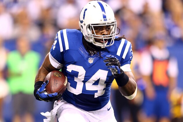 INDIANAPOLIS, IN - SEPTEMBER 15: Running back Trent Richardson #34 of the Indianapolis Colts carries the ball against the Philadelphia Eagles during a game at Lucas Oil Stadium on September 15, 2014 in Indianapolis, Indiana.  (Photo by Andy Lyons/Getty Images)