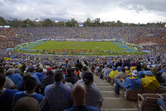 Fans watch as Southern California plays UCLA during the second half of their NCAA college football game, Saturday, Nov. 17, 2012, in Pasadena, Calif. UCLA won 38-28. (AP Photo/Mark J. Terrill)