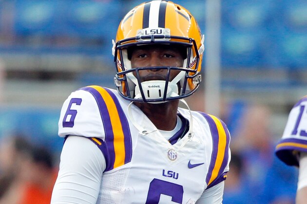 Oct 11, 2014; Gainesville, FL, USA; LSU Tigers quarterback Brandon Harris (6) works out prior to the game against the Florida Gators at Ben Hill Griffin Stadium. Mandatory Credit: Kim Klement-USA TODAY Sports