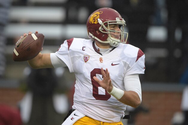 Nov 1, 2014; Pullman, WA, USA; Southern California Trojans quarterback Cody Kessler (6) looks to pass against the Washington State Cougars at Martin Stadium. Mandatory Credit: Kirby Lee-USA TODAY Sports