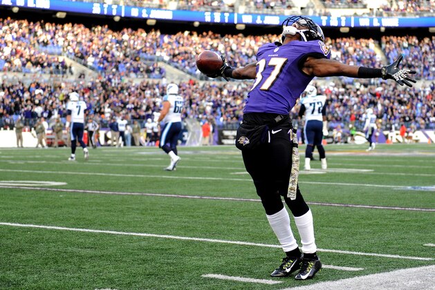 BALTIMORE, MD - NOVEMBER 09: Cornerback Danny Gorrer #37 of the Baltimore Ravens celebrates an interception against the Tennessee Titans in the fourth quarter at M&T Bank Stadium on November 9, 2014 in Baltimore, Maryland. (Photo by Patrick Smith/Getty Images)