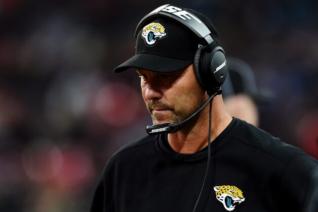 Jacksonville Jaguars head coach Gus Bradley walks on the side lines during the second half of NFL football game against the Dallas Cowboys at Wembley Stadium, London, Sunday, Nov. 9, 2014.  (AP Photo/Tim Ireland)