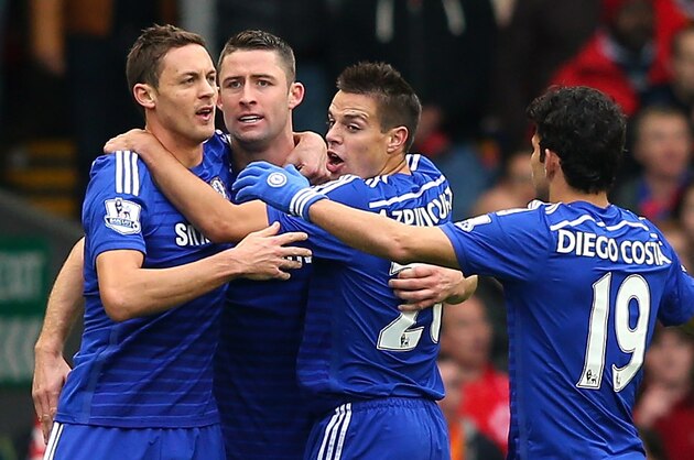 LIVERPOOL, ENGLAND - NOVEMBER 08:  Gary Cahill of Chelsea celebrates his goal with team mates during the Barclays Premier League match between Liverpool and Chelsea at Anfield on November 8, 2014 in Liverpool, England.  (Photo by Alex Livesey/Getty Images)