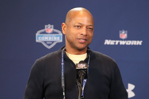 Feb 22, 2014; Indianapolis, IN, USA; New York Giants general manager Jerry Reese speaks at the NFL Combine  at Lucas Oil Stadium. Mandatory Credit: Pat Lovell-USA TODAY Sports