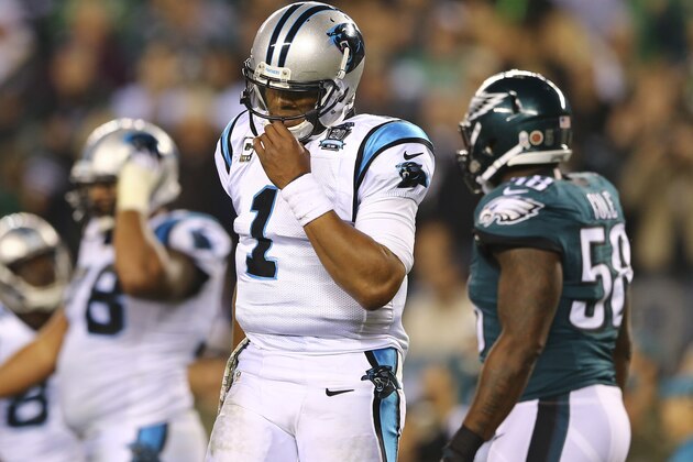 PHILADELPHIA, PA - NOVEMBER 10:  Cam Newton #1 of the Carolina Panthers reacts after throwing an incomplete pass against the Philadelphia Eagles on November 10, 2014 at Lincoln Financial Field in Philadelphia, Pennsylvania. (Photo by Elsa/Getty Images)