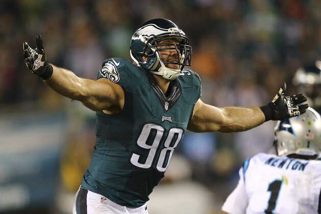 PHILADELPHIA, PA - NOVEMBER 10: Connor Barwin #98 of the Philadelphia Eagles reacts after sacking Cam Newton #1 of the Carolina Panthers on November 10, 2014 at Lincoln Financial Field in Philadelphia, Pennsylvania. (Photo by Elsa/Getty Images)