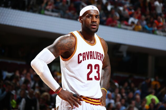 CLEVELAND, OH - NOVEMBER 10:  LeBron James #23 of the Cleveland Cavaliers looks on during the game against the New Orleans Pelicans on November 10, 2014 at Quicken Loans Arena in Cleveland. Ohio.  NOTE TO USER: User expressly acknowledges and agrees that, by downloading and or using this Photograph, user is consenting to the terms and conditions of the Getty Images License Agreement. Mandatory Copyright Notice: Copyright 2014 NBAE (Photo by Nathaniel S. Butler/NBAE via Getty Images)