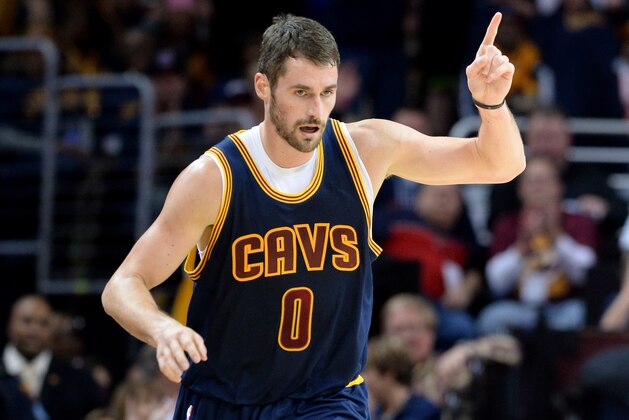 CLEVELAND, OH - OCTOBER 30: Kevin Love #0 of the Cleveland Cavaliers reacts after a play in the first quarter against the New York Knicks at Quicken Loans Arena on October 30, 2014 in Cleveland, Ohio. NOTE TO USER: User expressly acknowledges and agrees that, by downloading and or using this photograph, User is consenting to the terms and conditions of the Getty Images License Agreement.  (Photo by Jason Miller/Getty Images)