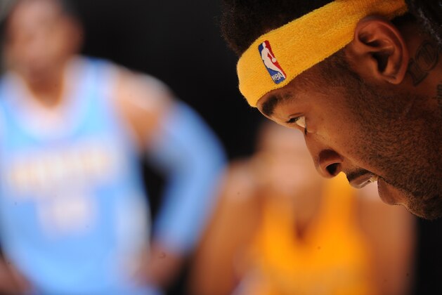 SAN DIEGO, CA- OCTOBER 6: Jordan Hill #27 of the Los Angeles Lakers stands on the court during a game against the Denver Nuggets as the Los Angeles Lakers take on the Denver Nuggets at the Valley View Sports Arena in San Diego, California on October 6, 2014 . NOTE TO USER: User expressly acknowledges and agrees that, by downloading and/or using this Photograph, user is consenting to the terms and conditions of the Getty Images License Agreement. Mandatory Copyright Notice: Copyright 2014 NBAE (Photo by Noah Graham /NBAE via Getty Images)