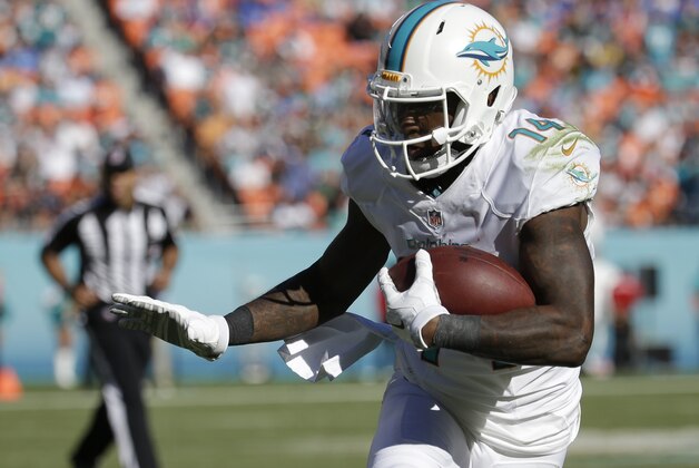Miami Dolphins wide receiver Jarvis Landry (14) runs the ball for a touchdown during the second half of an NFL football game against the San Diego Chargers, Sunday, Nov. 2, 2014, in Miami Gardens, Fla.  (AP Photo/Lynne Sladky)