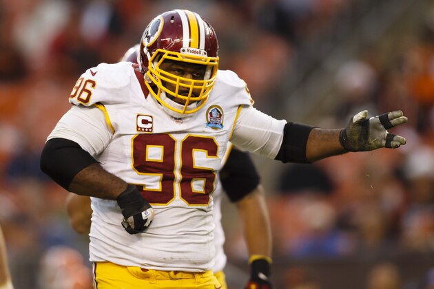 Washington Redskins nose tackle Barry Cofield (96) celebrates his sack of Cleveland Browns quarterback Brandon Weeden, not pictured, in the fourth quarter of an NFL football game in Cleveland, Sunday, Dec. 16, 2012. (AP Photo/Rick Osentoski)