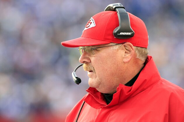 Kansas City Chiefs head coach Andy Reid works the sidelines against the Buffalo Bills during the second half of an NFL football game, Sunday, Nov. 9, 2014, in Orchard Park, N.Y. (AP Photo/Bill Wippert)