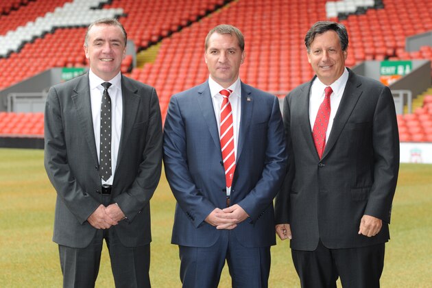LIVERPOOL, UNITED KINGDOM - JUNE 01:  Brendan Rodgers (C) is unveiled as the new Liverpool FC manager by Managing Director Ian Ayre (L) and Chaiman Tom Werner (R) at a press conference at Anfield on June 01, 2012 in Liverpool, England. (Photo by Clint Hughes/Getty Images)