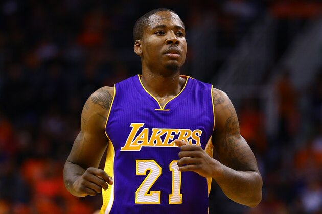 Oct 29, 2014; Phoenix, AZ, USA; Los Angeles Lakers forward Ed Davis (21) against the Phoenix Suns during the home opener at US Airways Center. The Suns defeated the Lakers 119-99. Mandatory Credit: Mark J. Rebilas-USA TODAY Sports