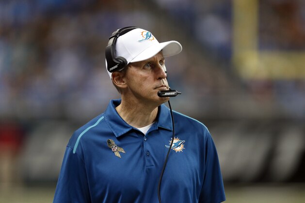 Miami Dolphins head coach Joe Philbin watches against the Detroit Lions in the fourth quarter of a NFL football game in Detroit Sunday, Nov. 9, 2014. Detroit won 20-16. (AP Photo/Paul Sancya)