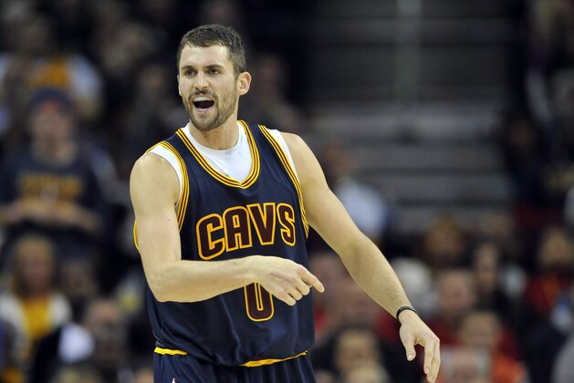 Oct 30, 2014; Cleveland, OH, USA; Cleveland Cavaliers forward Kevin Love (0) reacts against the New York Knicks at Quicken Loans Arena. New York won 95-90. Mandatory Credit: David Richard-USA TODAY Sports