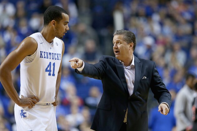 LEXINGTON, KY - NOVEMBER 09:  John Calipari the head coach gives instructions to Trey Lyles #41 of the Kentucky Wildcats during the game against the Georgetown College Tigers at Rupp Arena on November 9, 2014 in Lexington, Kentucky.  (Photo by Andy Lyons/Getty Images)