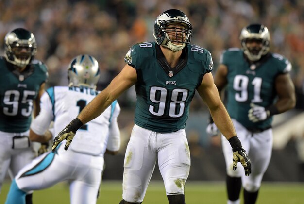 Nov 10, 2014; Philadelphia, PA, USA; Philadelphia Eagles linebacker Connor Barwin (98) celebrates after sacking Carolina Panthers quarterback Cam Newton (1) at Lincoln Financial Field. Mandatory Credit: Kirby Lee-USA TODAY Sports