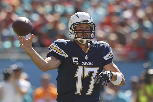MIAMI GARDENS, FL - NOVEMBER 02:  Quarterback Philip Rivers #17 of the San Diego Chargers throws in the first quarter during a game against the Miami Dolphins at Sun Life Stadium on November 2, 2014 in Miami Gardens, Florida.  (Photo by Mike Ehrmann/Getty Images)
