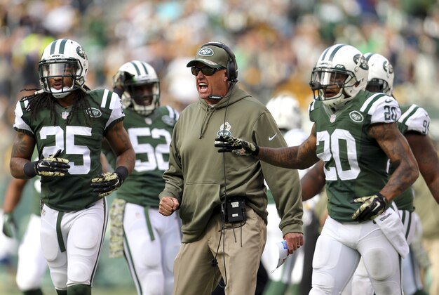 Nov 9, 2014; East Rutherford, NJ, USA; New York Jets head coach Rex Ryan reacts after an interception against the Pittsburgh Steelers during the second quarter at MetLife Stadium. Mandatory Credit: Adam Hunger-USA TODAY Sports