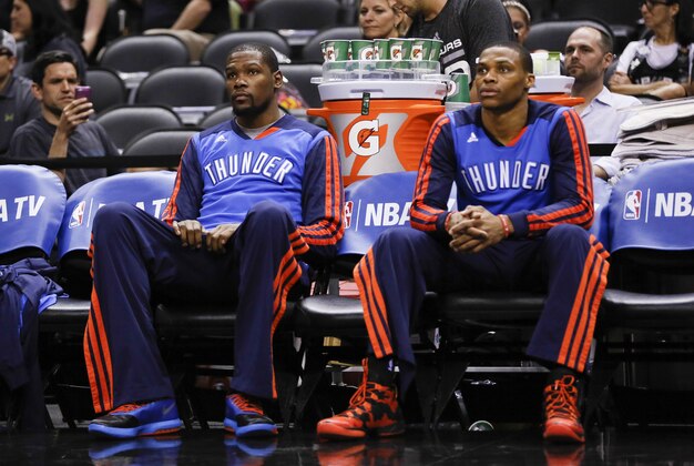 May 29, 2014; San Antonio, TX, USA; Oklahoma City Thunder forward Kevin Durant (left) and guard Russell Westbrook (right) before the game against the San Antonio Spurs in game five of the Western Conference Finals of the 2014 NBA Playoffs at AT&T Center. Mandatory Credit: Soobum Im-USA TODAY Sports