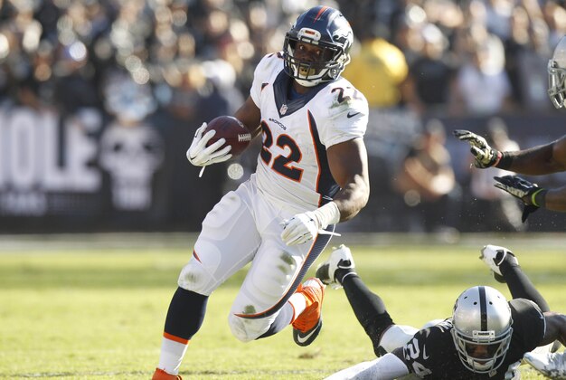 Nov 9, 2014; Oakland, CA, USA; Denver Broncos running back C.J. Anderson (22) runs with the ball after making a catch against the Oakland Raiders in the second quarter at O.co Coliseum. Mandatory Credit: Cary Edmondson-USA TODAY Sports