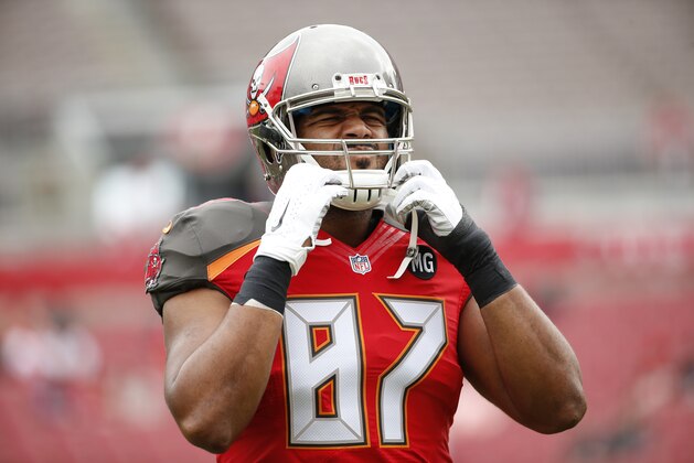 Tampa Bay Buccaneers tight end Austin Seferian-Jenkins (87) warms up before the start of an NFL football game against the Atlanta Falcons on Sunday, Nov. 9, 2014, in Tampa, Fla. (AP Photo/Brian Blanco)