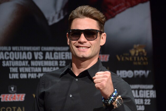 Sep 3, 2014; Los Angeles, CA, USA; Chris Algieri poses at press conference at Hyatt Regency Century Plaza Hotel in advance of World Welterweight Championship bout against Manny Pacquiao (not pictured) on Nov. 22, 2014. Mandatory Credit: Kirby Lee-USA TODAY Sports