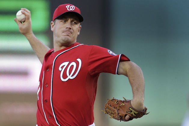 Washington Nationals starting pitcher Jordan Zimmermann (27) throws in the first inning in Game 2 of baseball's NL Division Series against the San Francisco Giants at Nationals Park, Saturday, Oct. 4, 2014, in Washington. (AP Photo/Mark Tenally)