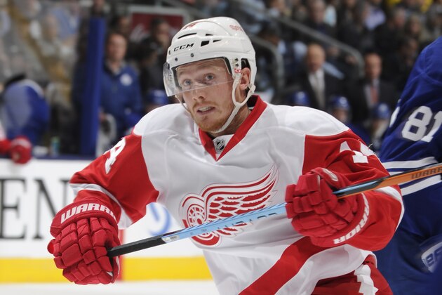 TORONTO, ON - OCTOBER 17:  Gustav Nyquist #14 of the Detroit Red Wings skates during NHL game action against the Toronto Maple Leafs October 17, 2014 at the Air Canada Centre in Toronto, Ontario, Canada. (Photo by Graig Abel/NHLI via Getty Images)
