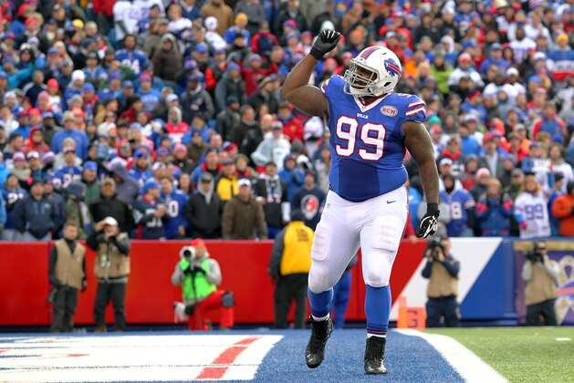Buffalo Bills defensive tackle Marcell Dareus celebrates after sacking Kansas City Chiefs quarterback Alex Smith during the second half of an NFL football game, Sunday, Nov. 9, 2014, in Orchard Park, N.Y. (AP Photo/Bill Wippert)