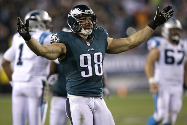 Philadelphia Eagles' Connor Barwin reacts after tackling Carolina Panthers' Cam Newton during the first half of an NFL football game, Monday, Nov. 10, 2014, in Philadelphia. (AP Photo/Michael Perez)
