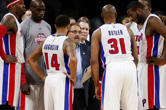 AUBURN HILLS, MI - NOVEMBER 05: Head coach Stan Van Gundy talks with his players during a timeout while playing the New York Knicks at the Palace of Auburn Hills on November 5, 2014 in Auburn Hills, Michigan. Detroit won the game 98-95. NOTE TO USER: User expressly acknowledges and agrees that, by downloading and or using this photograph, User is consenting to the terms and conditions of the Getty Images License Agreement.  (Photo by Gregory Shamus/Getty Images)
