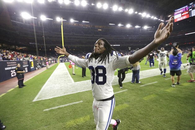 Indianapolis Colts defensive back Sergio Brown (38) heads off the field after an NFL football game, Thursday, Oct. 9, 2014, in Houston. (AP Photo/David J. Phillip)